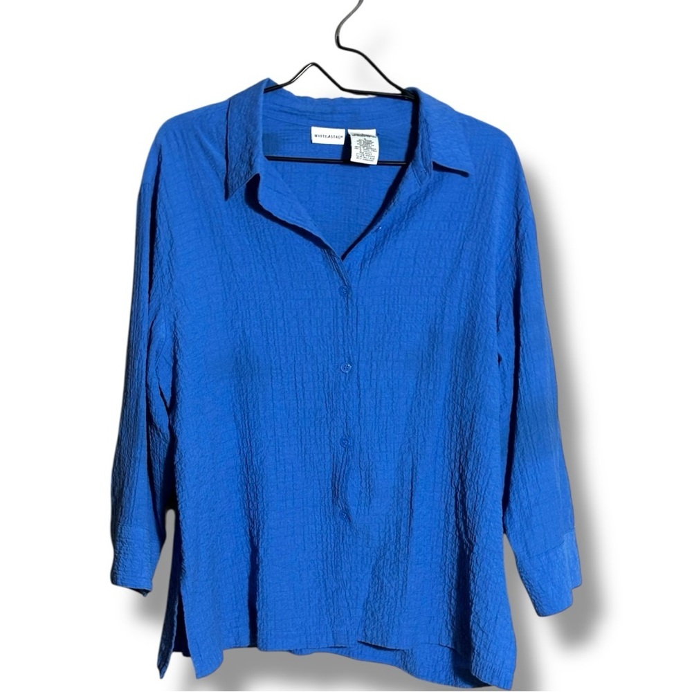 White Stag Royal Blue 3/4 Sleeve Collared Textured Loose Fit Button Down Shirt - Picture 13 of 15